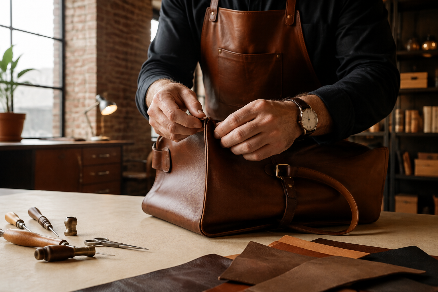 Leather artisan carefully finishing a Mohid Goods bag